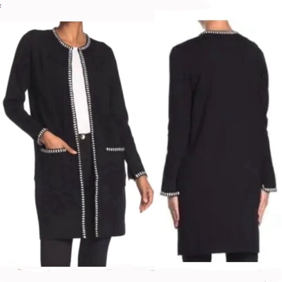 Magaschoni Black White Trim Split Cuff Long Open Cardigan‎ Sz S - Picture 1 of 15